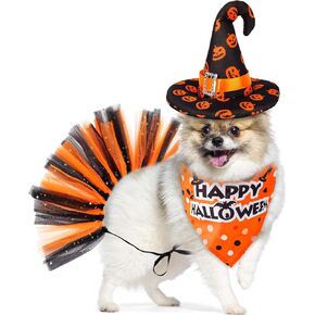 Dog Halloween Costumes Pumpkin, Polyester Dog Halloween Costume Witch Dog Wizard Hat Orange Dog Triangle Scarf Dog Tutu Skirt Dog Bibs Ballet Dog Costume for Halloween Dogs Party Decoration