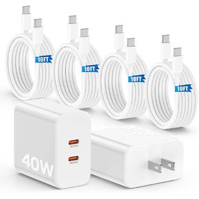 40W Dual Port iPhone 16 15 Pro Max Charger Fast Charging,2Pack Dual Port USB C Charging Block with 4Pack 10FT USB C to C Fast Charger Cord Long Compatible for iPhone 16/15 Plus/15 Pro Max/iPad Pro