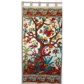 Tree of Life Tab Top Curtain-Drape-Door Panel-Cream by India Arts