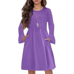 Arshiner Girls Long Sleeve Floral Pleated Swing Dress Kids Casual Dresses with Pockets for 4-13 Years