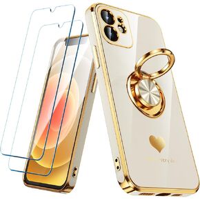 Compatible for iPhone 12 Case with 2 Pack Screen Protector, 360° Rotatable Ring Holder [Luxury Hearts Pattern] Plating Gold Edge Slim Soft Phone Cover Case for iPhone 12 - Purple