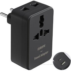 European Travel Plug Adapter, International Power Plug with USB C Ports, Universal Outlet, American Outlet and USB Ports for US to Most of Europe EU Iceland Spain Italy France Germany
