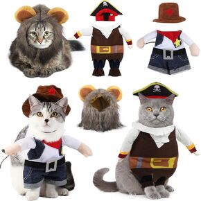 3 Pieces Pet Halloween Costume, includes Cowboy Uniform with Hat, Pirate Costume with Hat, Lion Mane Hat, Pet Costume Funny Apparel for Small Dog Cat Puppy Pet Party Christmas Events (S)