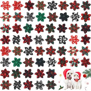 Sweetude 60 Pcs Plaid Dog Collar Flowers Bulk Pet Flower Collar Bow Ties Holiday Dog Accessories Charms Slide Attachment for Small Medium Large Dog Cat Puppy Bow Grooming