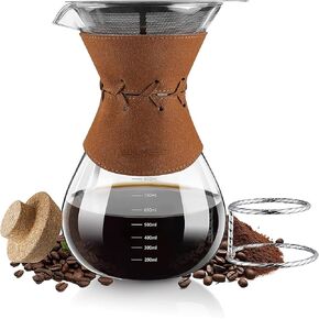 Pour Over Coffee Maker with Double-Layer Stainless Steel Filter - 27 oz Pour Over Coffee Pot and Dripper 6 Cups with Leather Collar, Heat Resistant Glass Coffee Brewer Carafe with Cork Lid for Gifts