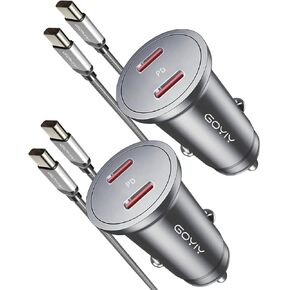 USB C Car Charger with 60W Braided USB C Cable 3ft, 2-Pack，Mini 60W USB C Fast Charging Cigarette Lighter, Dual PD3.0 Compatible with iPhone 15, Galaxy, iPad Pro MacBook air -Black (Space Grey)