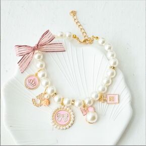 1Pc Pink Medium Dog Pearl Collars Pet Pearl Dog Princess Bow Necklace Cute Collar Puppy Accessories Cat Jewelry Pearl Neck Strap for Dog Cat Collars, Harnesses and Leashes (M)