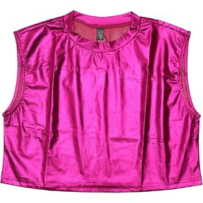 Allegra K Metallic Sleeveless Top for Women's Party Shiny Round Neck Crop Holographic Tops