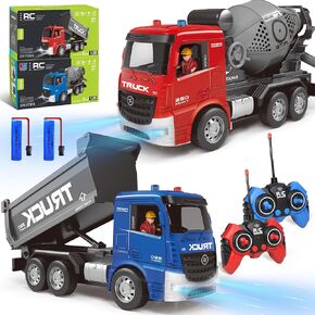 RC Construction Vehicles Toy Trucks for Boys 8-12 - Excavator Toy and Dump Truck with Road Barricades, Signs, 6 CH Remote Control Car for Kids Birthday Gift