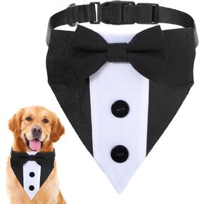 Adjustable Dog Tuxedo Formal Dog Wedding Outfit Bandana Dog Tux Black Dog Collar with Bow Tie, Dog Suit Costume for Small Large Dogs Wedding, Engagement, and Birthday (Large: Neck 15"-25")