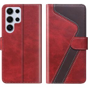 for Samsung Galaxy S24 Ultra Wallet Case,Leather Flip Case [RFID Blocking] Credit Card Holder Folio Magnetic Stand TPU Shockproof Cover Color Matching for Samsung S24 Ultra Red Brown