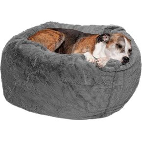 Furhaven Soft & Cozy Dog Bed for Large/Medium Dogs, Refillable w/ Removable Washable Cover & Liner, Up to 55 lbs - Plush Faux Fur Bean Bag Style Ball Bed - Gray Mist, Large, 23.6"L x 23.6"W x 23.6"Th