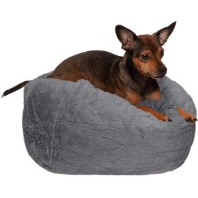 Furhaven Soft & Cozy Dog Bed for Small Dogs, Refillable w/ Removable Washable Cover & Liner, For Dogs Up to 20 lbs - Plush Faux Fur Bean Bag Style Ball Bed - Gray Mist, Small