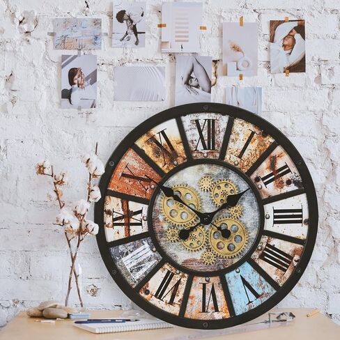 ساعة حائط Pyhoobor الصناعية Steampunk تعمل بالبطارية، ساعة عتيقة لمزرعة ريفية حديثة مع تروس متحركة حقيقية، لغرفة المعيشة، المكتب، أو ديكور البار (16.5 بوصة/21 بوصة) in Kuwait