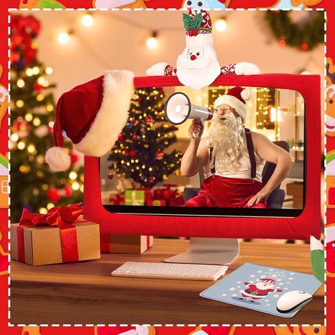 4 Pcs Christmas Computer Monitor Cover and Christmas Mouse Pad Set, Xmas Computer Monitor Decoration Border Cover with Gaming Mouse Pads for Home Office Desk Christmas Gifts Supplies in Saudi Arabia