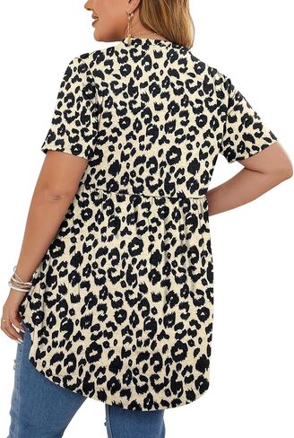 PLOKNRD Women's Plus Size Tops Short Sleeve Henley V Neck Button Up Flowy T Shirts Tunic Loose Blouses Floral Orange in Saudi Arabia