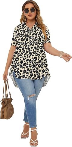 PLOKNRD Women's Plus Size Tops Short Sleeve Henley V Neck Button Up Flowy T Shirts Tunic Loose Blouses Floral Orange in Saudi Arabia