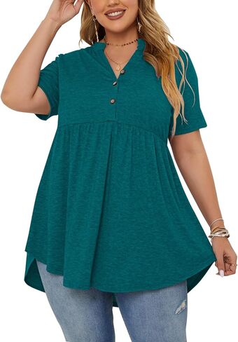 PLOKNRD Women's Plus Size Tops Short Sleeve Henley V Neck Button Up Flowy T Shirts Tunic Loose Blouses Floral Orange in Saudi Arabia