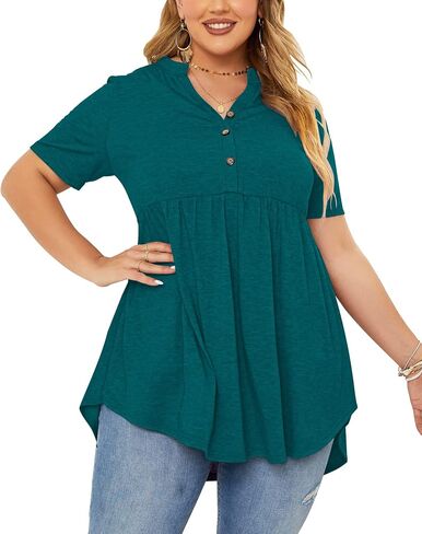 PLOKNRD Women's Plus Size Tops Short Sleeve Henley V Neck Button Up Flowy T Shirts Tunic Loose Blouses Floral Orange in Saudi Arabia