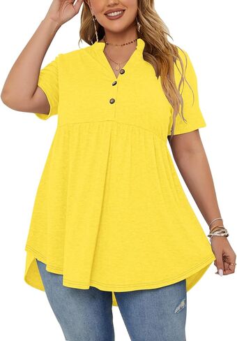 PLOKNRD Women's Plus Size Tops Short Sleeve Henley V Neck Button Up Flowy T Shirts Tunic Loose Blouses Floral Orange in Saudi Arabia