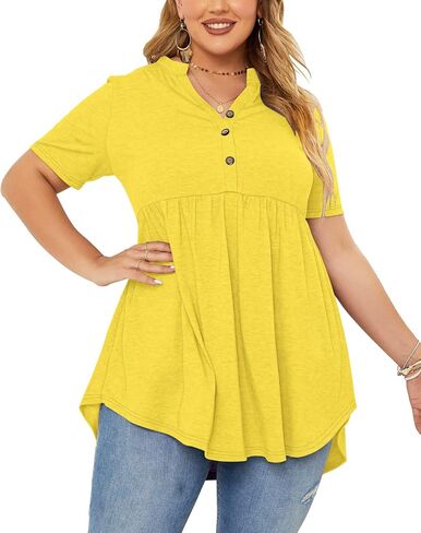 PLOKNRD Women's Plus Size Tops Short Sleeve Henley V Neck Button Up Flowy T Shirts Tunic Loose Blouses Floral Orange in Saudi Arabia