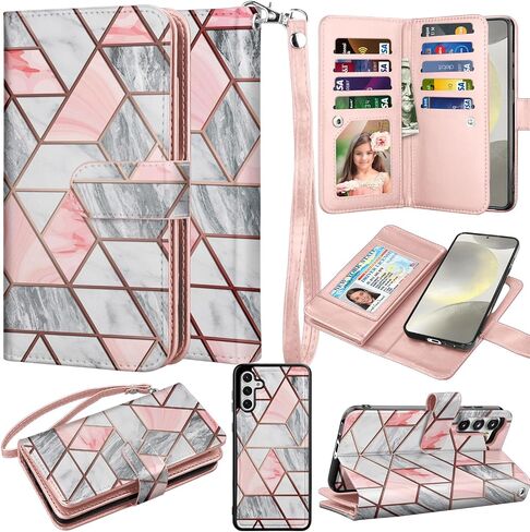 Takfox Wallet Case for Samsung Galaxy S24 Plus, Galaxy S24 Plus Case, PU Leather Credit Card Holder Phone Case [9 Card Slots] Folio Flip Detachable Magnetic Cover Kickstand & Carrying Strap-Rose Gold in Saudi Arabia