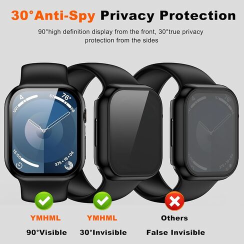 [2 Pack] YMHML Privacy Case for Apple Watch Series 9 Screen Protector 45mm, Anti Spy Tempered Glass Film Hard PC Bumper Anti-Peeping Full Protective Cover for iWatch 9/8/7 45mm Accessories, Black in Saudi Arabia
