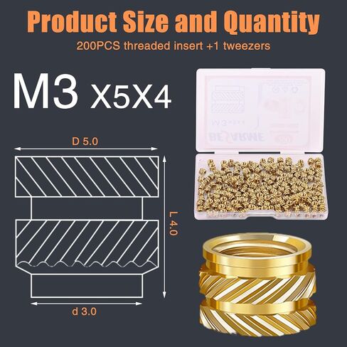 200 Pcs M4 Threaded Inserts M4 Heat Set Insert Brass Threaded Inserts for Plastic Metric Knurled Nuts Assortment Kit for 3D Printing Components（M4*6 * 6） in Saudi Arabia