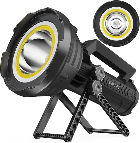 BUYSIGHT مصباح يدوي قابل لإعادة الشحن 1000,000 لومن COB LED كشاف كشاف IP67 مقاوم للماء 15000 مللي أمبير في الساعة طويل الأمد ومصباح كشاف محمول لمسافة طويلة ومقاوم للصدمات مع حامل قابل للطي وعدسة حمراء in Kuwait
