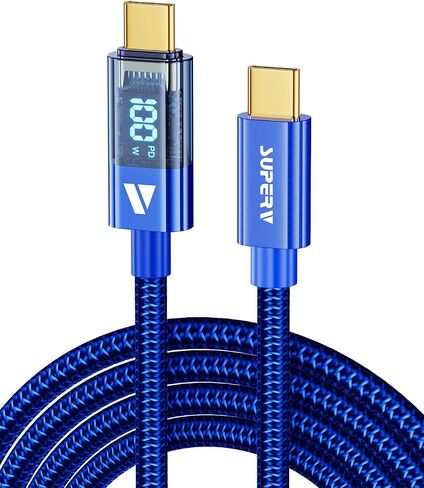 كابل شحن مزامنة مجدول نايلون LED ذكي من SUPERV من USB C إلى USB C بيانات 3.3 قدم/100 سم أبيض in Kuwait