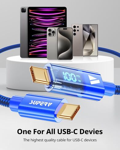 SUPERV Smart LED Nylon Braided Sync Charge USB C to USB C Data 3.3ft/100cm White Cable in Saudi Arabia