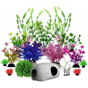 Aquarium Decoration Fish Tank Artificial Plastic Plants & Smooth Non-damaging Fish cave Rock Set, Goldfish Beta Fish Tank Accessories Ornaments(16 Pieces)