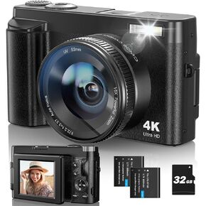 4K Digital Camera for Photography and Video, Autofocus 48MP Vlogging Camera 180° Flip Screen for Selfie and Vlog 16X Zoom Compact Digital Camera with Flash, 32GB Card, 2 Batteries