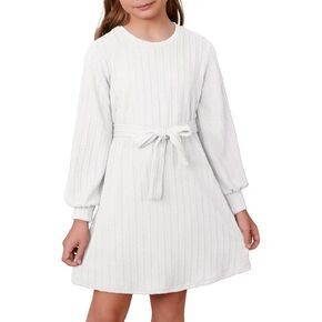 DOKOTOO KIDS Girls Fall Long Sleeve Textured Dress Casual Crewneck Belted A Line Dresses 7-15 Years