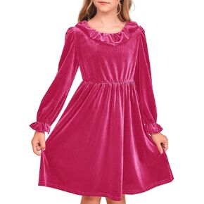 Meikulo Girls Velvet Dress Kids Long Sleeve Ruffle Trim Crew Neck Swing A-Line Twirly Skater Dresses 5-14 Years