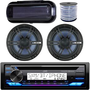 JVC In-Dash Marine Boat Bluetooth Radio USB Receiver Bundle Combo with Pair of Enrock 6.5" Black Dual-Cone Stereo Speakers, Stereo Waterproof Cover, 18g 50ft Marine Speaker Wire