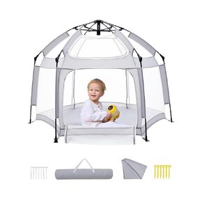 Babelio Outdoor Baby Playpen with Canopy, Fodable Playpen for Babies and Toddlers, Portable Baby Beach Tent, Travel/Nap, Sun Protection, Anti-Mosquito & Bugs, Double-Door, One-Touch Storage- Grey