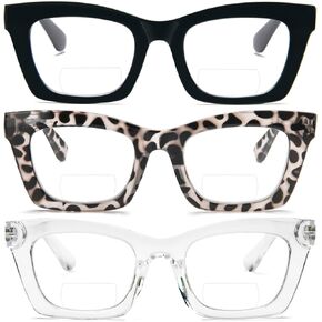 REAVEE 3 Pack Bifocal Reading Glasses for Women, Multifocal Oprah Style Trendy Cute Square Readers with Spring Hinge