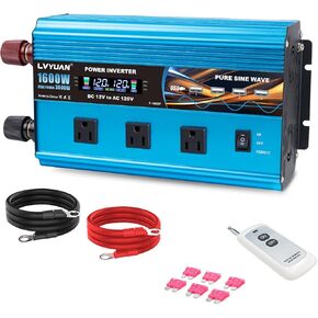 LVYUAN 1600 Watt Power Inverter Pure Sine Wave Inverter 12V to 110V DC to AC with AC Sockets, LCD Display, Wireless Remote Contro Car Power Inverter for Vehicles RV Camping Truck
