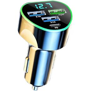 Multi Port USB C Car Phone Charger Adapter 4 in 1 with Voltage Display Super Fast Charge Cigarette Lighter USB Charger with Volt Meter for iPhone 16 15 Pro Max 14 Plus 13 12 11 Samsung Android Phone