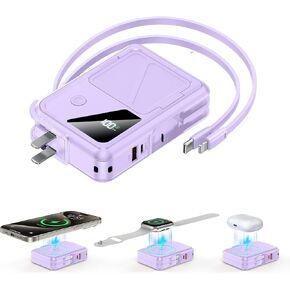 Wireless Portable Charger,3-in-1 Magnetic Power Bank 10000mAh Built in Cables and AC Plug,22.5W Fast Charging Mag-Safe Battery Pack,Compatible with iPhone 15/14/13/12,Apple Watch Series,Airpods