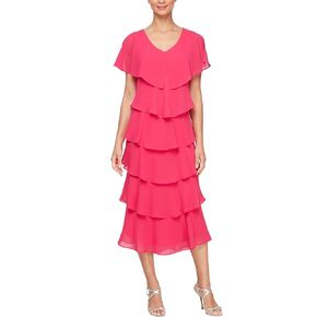 S.L. Fashions Women's Midi Length V-Neck Ruffle Tiered Wedding Guest Dress, Black Floral Pink, 16