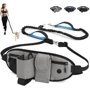 Waist Dog Leash Hand Free for Small Medium Dogs, Dog Running Leash with Adjustable Waist Belt Fanny Pack, Retractable Bungee Dog Leash with 2 Handle Double Clip for Walking Training, Black