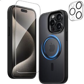 Magnetic Case for iPhone 15 Pro Max with Screen & Camera Lens Protectors, Translucent Matte Design - Shockproof Phone Cover