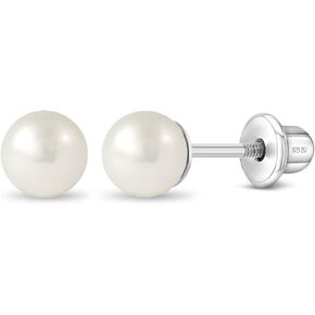 925 Sterling Silver Classic White Freshwater Cultured Pearl Toddler Earrings 3mm, 4mm & 5mm Screw Back Earrings - Simple Freshwater Cultured Pearl Earrings For Young Girls Religious Events