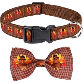 Malier Thanksgiving Dog Collar with Bowtie, Turkey Dog Collar Fall Dog Collar for Girl and Boy, Cute Adjustable Dog Collars Puppy Collar for Small Medium Large Dogs (Small, Turkey-Brown)