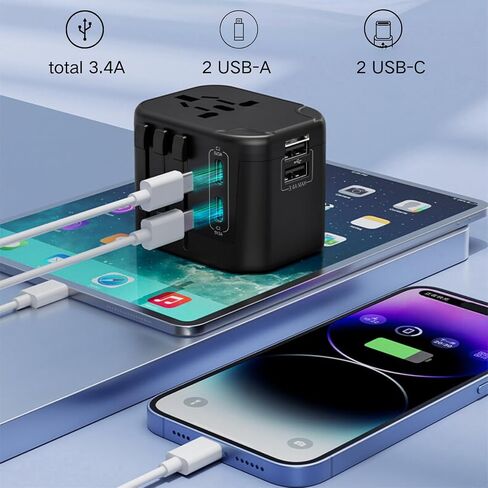 Universal Travel Adapter with 2 USB-C，2 USB-A，Travel Adapter， International Power Plug Adaptor Worldwide Charger for US UK AU EU （Black and Grey）, JY-303B-C2 in Saudi Arabia