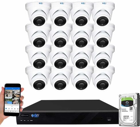 نظام كاميرا GW Security 16 قناة 4K NVR 8MP AI للكشف عن الإنسان والمركبات مع ميكروفون 16 UHD 4K 2160P PoE خارجي/داخلي مقاوم للماء IP Security Turret (أبيض) in Kuwait