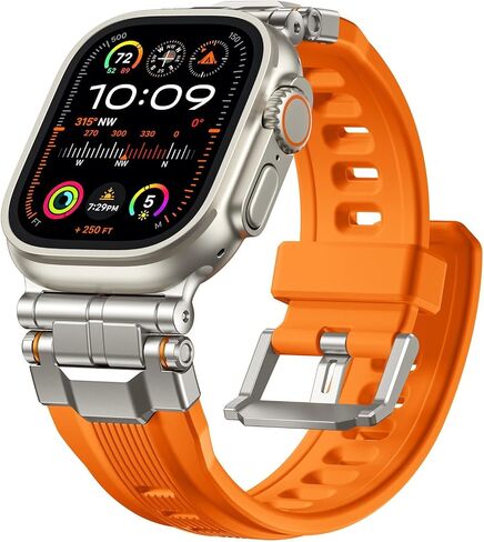 Compatible with Apple Watch Bands for Men - Soft Silicone Band with Stainless Steel Connector for iWatch Series 10 46mm, Ultra 2/Ultra 49mm, 9/8/7 45mm, SE2/SE/6/5/4 44mm, 3/2/1 42mm, Orange in Kuwait