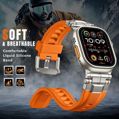 Compatible with Apple Watch Bands for Men - Soft Silicone Band with Stainless Steel Connector for iWatch Series 10 46mm, Ultra 2/Ultra 49mm, 9/8/7 45mm, SE2/SE/6/5/4 44mm, 3/2/1 42mm, Orange in Kuwait